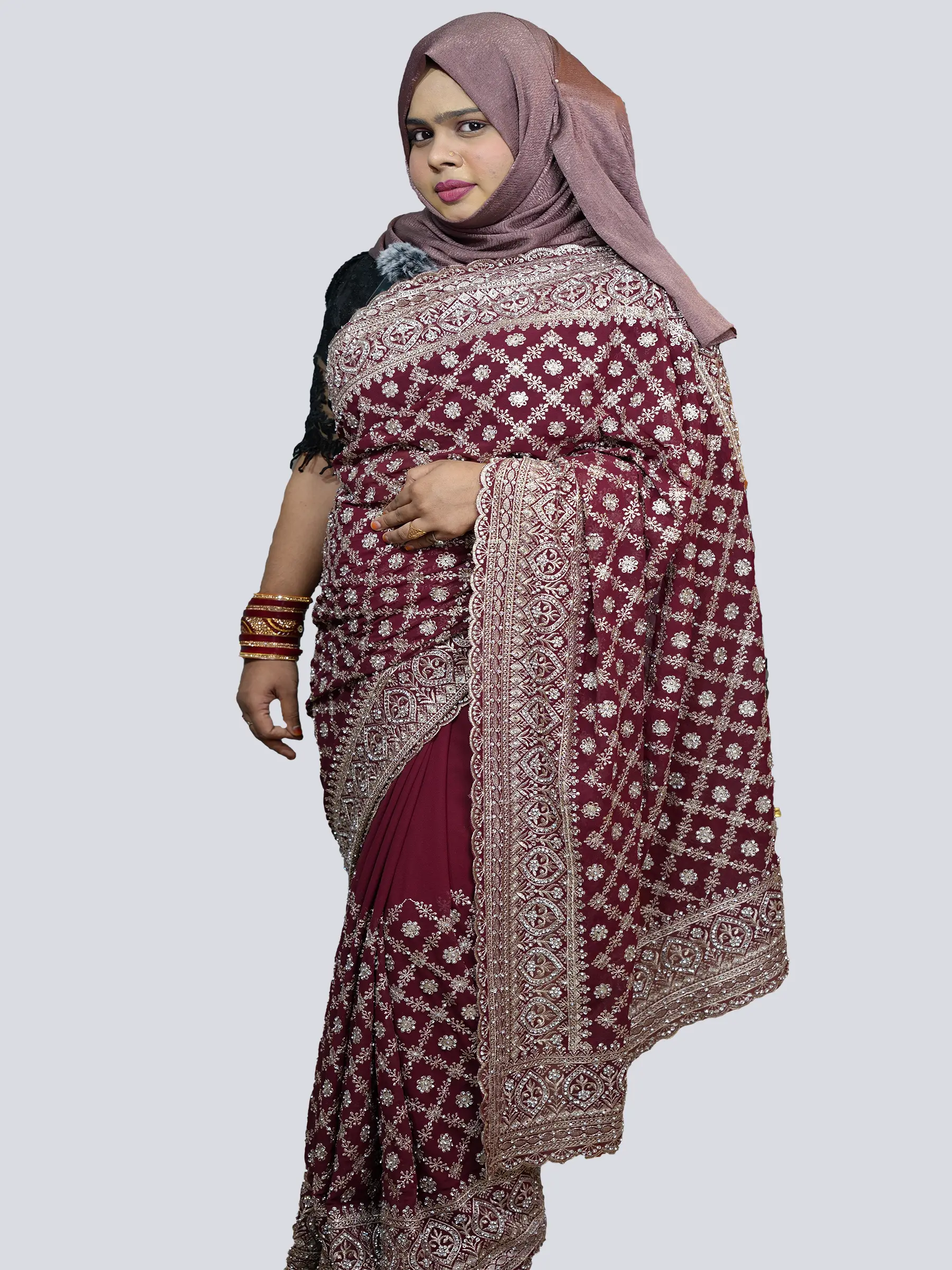 Gorgeous Designer Bridal Saree with Jharkan Glass Stone & Finishing Embroidery